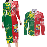Custom Tonga XIII And Australia Kangaroos Couples Matching Long Sleeve Bodycon Dress and Long Sleeve Button Shirt Mate Maa Tongan Ngatu With Aboriginal LT05 Red - Polynesian Pride