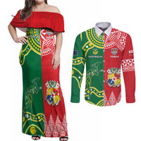 Custom Tonga XIII And Australia Kangaroos Couples Matching Off Shoulder Maxi Dress and Long Sleeve Button Shirt Mate Maa Tongan Ngatu With Aboriginal LT05 Red - Polynesian Pride
