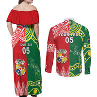 Custom Tonga XIII And Australia Kangaroos Couples Matching Off Shoulder Maxi Dress and Long Sleeve Button Shirt Mate Maa Tongan Ngatu With Aboriginal LT05 - Polynesian Pride