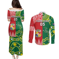 Custom Tonga XIII And Australia Kangaroos Couples Matching Puletasi and Long Sleeve Button Shirt Mate Maa Tongan Ngatu With Aboriginal LT05 - Polynesian Pride