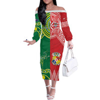 Custom Tonga XIII And Australia Kangaroos Off The Shoulder Long Sleeve Dress Mate Maa Tongan Ngatu With Aboriginal LT05 Women Red - Polynesian Pride