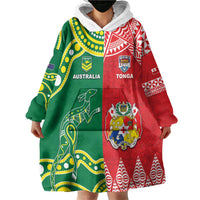 Custom Tonga XIII And Australia Kangaroos Wearable Blanket Hoodie Mate Maa Tongan Ngatu With Aboriginal LT05 - Polynesian Pride