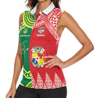Custom Tonga XIII And Australia Kangaroos Women Sleeveless Polo Shirt Mate Maa Tongan Ngatu With Aboriginal LT05 - Polynesian Pride