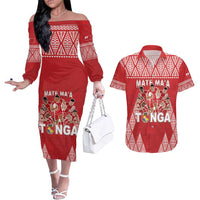 Custom Tonga Rugby Couples Matching Off The Shoulder Long Sleeve Dress and Hawaiian Shirt Tonga Mate Ma'a Take The Lead LT05 Red - Polynesian Pride