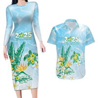Personalised 2025 Aloha Hawaii Couples Matching Long Sleeve Bodycon Dress and Hawaiian Shirt Tropical Flowers And Honu LT05 Blue - Polynesian Pride