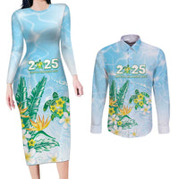 Personalised 2025 Aloha Hawaii Couples Matching Long Sleeve Bodycon Dress and Long Sleeve Button Shirt Tropical Flowers And Honu LT05 Blue - Polynesian Pride