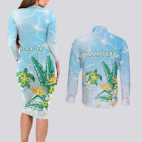 Personalised 2025 Aloha Hawaii Couples Matching Long Sleeve Bodycon Dress and Long Sleeve Button Shirt Tropical Flowers And Honu LT05 - Polynesian Pride
