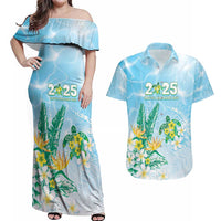 Personalised 2025 Aloha Hawaii Couples Matching Off Shoulder Maxi Dress and Hawaiian Shirt Tropical Flowers And Honu LT05 Blue - Polynesian Pride
