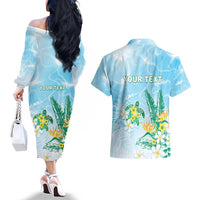 Personalised 2025 Aloha Hawaii Couples Matching Off The Shoulder Long Sleeve Dress and Hawaiian Shirt Tropical Flowers And Honu LT05 - Polynesian Pride