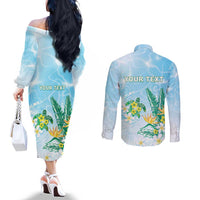Personalised 2025 Aloha Hawaii Couples Matching Off The Shoulder Long Sleeve Dress and Long Sleeve Button Shirt Tropical Flowers And Honu LT05 - Polynesian Pride