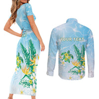 Personalised 2025 Aloha Hawaii Couples Matching Short Sleeve Bodycon Dress and Long Sleeve Button Shirt Tropical Flowers And Honu LT05 - Polynesian Pride