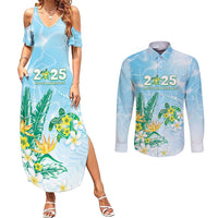 Personalised 2025 Aloha Hawaii Couples Matching Summer Maxi Dress and Long Sleeve Button Shirt Tropical Flowers And Honu LT05 Blue - Polynesian Pride