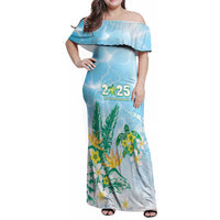 Personalised 2025 Aloha Hawaii Family Matching Off Shoulder Maxi Dress and Hawaiian Shirt Tropical Flowers And Honu LT05 Mom's Dress Blue - Polynesian Pride