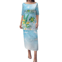Personalised 2025 Aloha Hawaii Family Matching Puletasi and Hawaiian Shirt Tropical Flowers And Honu LT05 Mom's Dress Blue - Polynesian Pride