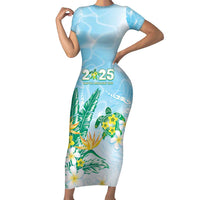 Personalised 2025 Aloha Hawaii Family Matching Short Sleeve Bodycon Dress and Hawaiian Shirt Tropical Flowers And Honu LT05 Mom's Dress Blue - Polynesian Pride