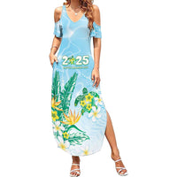 Personalised 2025 Aloha Hawaii Family Matching Summer Maxi Dress and Hawaiian Shirt Tropical Flowers And Honu LT05 Mom's Dress Blue - Polynesian Pride