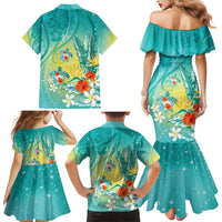 Hawaii Honu Family Matching Mermaid Dress and Hawaiian Shirt Tropical Flowers Turquoise Gradient LT05 - Polynesian Pride