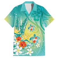 Hawaii Honu Family Matching Off The Shoulder Long Sleeve Dress and Hawaiian Shirt Tropical Flowers Turquoise Gradient LT05 Dad's Shirt - Short Sleeve Turquoise - Polynesian Pride