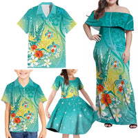 Hawaii Honu Family Matching Off Shoulder Maxi Dress and Hawaiian Shirt Tropical Flowers Turquoise Gradient LT05 - Polynesian Pride
