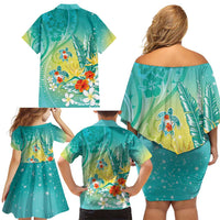 Hawaii Honu Family Matching Off Shoulder Short Dress and Hawaiian Shirt Tropical Flowers Turquoise Gradient LT05 - Polynesian Pride