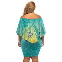 Hawaii Honu Family Matching Off Shoulder Short Dress and Hawaiian Shirt Tropical Flowers Turquoise Gradient LT05 - Polynesian Pride