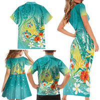 Hawaii Honu Family Matching Short Sleeve Bodycon Dress and Hawaiian Shirt Tropical Flowers Turquoise Gradient LT05 - Polynesian Pride