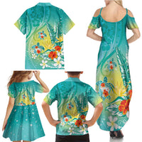 Hawaii Honu Family Matching Summer Maxi Dress and Hawaiian Shirt - Tropical Flowers Turquoise Gradient LT05 - Polynesian Pride