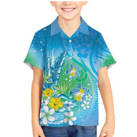 Hawaii Honu Family Matching Mermaid Dress and Hawaiian Shirt Tropical Flowers Blue Gradient LT05 Son's Shirt Blue - Polynesian Pride