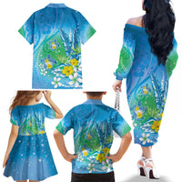 Hawaii Honu Family Matching Off The Shoulder Long Sleeve Dress and Hawaiian Shirt Tropical Flowers Blue Gradient LT05 - Polynesian Pride