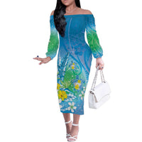 Hawaii Honu Family Matching Off The Shoulder Long Sleeve Dress and Hawaiian Shirt Tropical Flowers Blue Gradient LT05 Mom's Dress Blue - Polynesian Pride