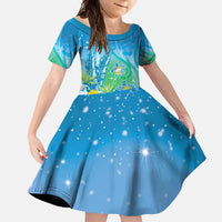 Hawaii Honu Family Matching Off Shoulder Maxi Dress and Hawaiian Shirt Tropical Flowers Blue Gradient LT05 Daughter's Dress Blue - Polynesian Pride