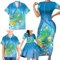 Hawaii Honu Family Matching Short Sleeve Bodycon Dress and Hawaiian Shirt Tropical Flowers Blue Gradient LT05 - Polynesian Pride