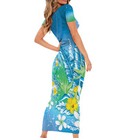Hawaii Honu Family Matching Short Sleeve Bodycon Dress and Hawaiian Shirt Tropical Flowers Blue Gradient LT05 - Polynesian Pride