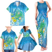 Hawaii Honu Family Matching Tank Maxi Dress and Hawaiian Shirt - Tropical Flowers Blue Gradient LT05 - Polynesian Pride