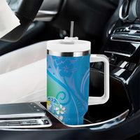Hawaii Honu Tumbler With Handle Tropical Flowers Blue Gradient
