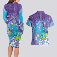 Hawaii Honu Couples Matching Long Sleeve Bodycon Dress and Hawaiian Shirt Tropical Flowers Purple Gradient LT05 - Polynesian Pride