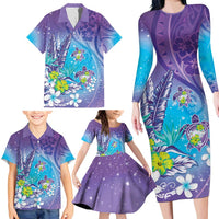 Hawaii Honu Family Matching Long Sleeve Bodycon Dress and Hawaiian Shirt Tropical Flowers Purple Gradient LT05 - Polynesian Pride