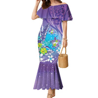 Hawaii Honu Family Matching Mermaid Dress and Hawaiian Shirt Tropical Flowers Purple Gradient LT05 Mom's Dress Purple - Polynesian Pride