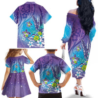 Hawaii Honu Family Matching Off The Shoulder Long Sleeve Dress and Hawaiian Shirt Tropical Flowers Purple Gradient LT05 - Polynesian Pride