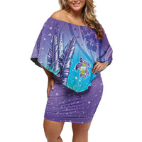 Hawaii Honu Family Matching Off Shoulder Short Dress and Hawaiian Shirt Tropical Flowers Purple Gradient LT05 Mom's Dress Purple - Polynesian Pride