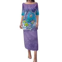 Hawaii Honu Family Matching Puletasi and Hawaiian Shirt Tropical Flowers Purple Gradient LT05 Mom's Dress Purple - Polynesian Pride
