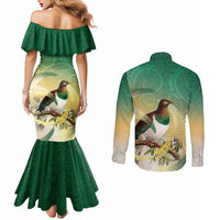 New Zealand Pigeon Kereru Couples Matching Mermaid Dress and Long Sleeve Button Shirt Maori Fern Art Green Gradient LT05 - Polynesian Pride