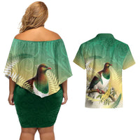 New Zealand Pigeon Kereru Couples Matching Off Shoulder Short Dress and Hawaiian Shirt Maori Fern Art Green Gradient LT05 - Polynesian Pride