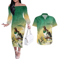 New Zealand Pigeon Kereru Couples Matching Off The Shoulder Long Sleeve Dress and Hawaiian Shirt Maori Fern Art Green Gradient LT05 Green - Polynesian Pride