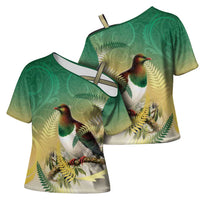 New Zealand Pigeon Kereru Cross Shoulder Shirt Maori Fern Art Green Gradient LT05 - Polynesian Pride