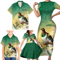 New Zealand Pigeon Kereru Family Matching Short Sleeve Bodycon Dress and Hawaiian Shirt Maori Fern Art Green Gradient LT05 - Polynesian Pride