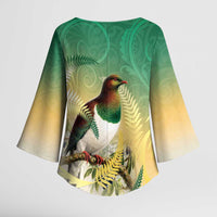 New Zealand Pigeon Kereru Kimono Sleeve Blouse Maori Fern Art Green Gradient LT05 - Polynesian Pride