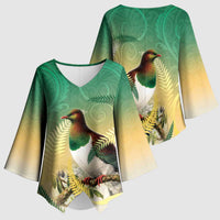 New Zealand Pigeon Kereru Kimono Sleeve Blouse Maori Fern Art Green Gradient LT05 - Polynesian Pride
