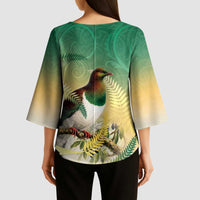 New Zealand Pigeon Kereru Kimono Sleeve Blouse Maori Fern Art Green Gradient LT05 - Polynesian Pride