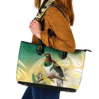 New Zealand Pigeon Kereru Leather Tote Bag Maori Fern Art Green Gradient LT05 Green - Polynesian Pride